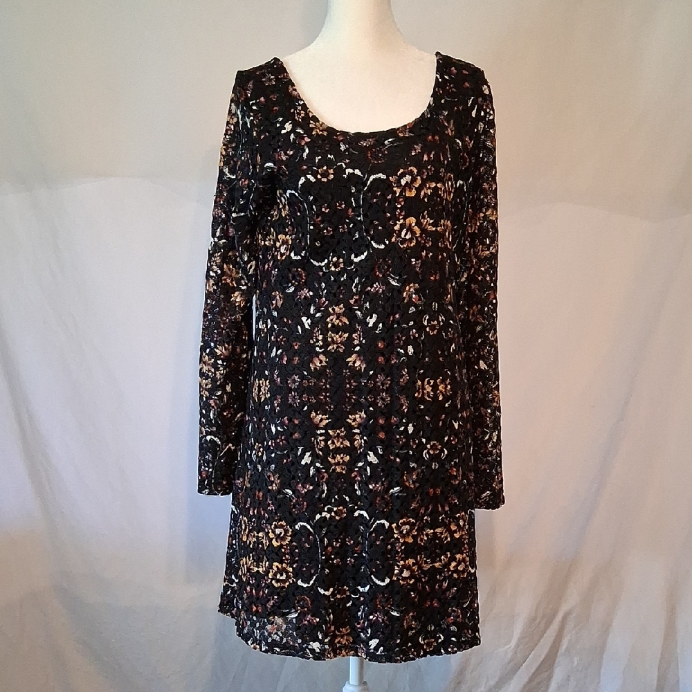 Xhilaration Long Sleeve Floral Lace Dress - Black with Multicolor Floral Print